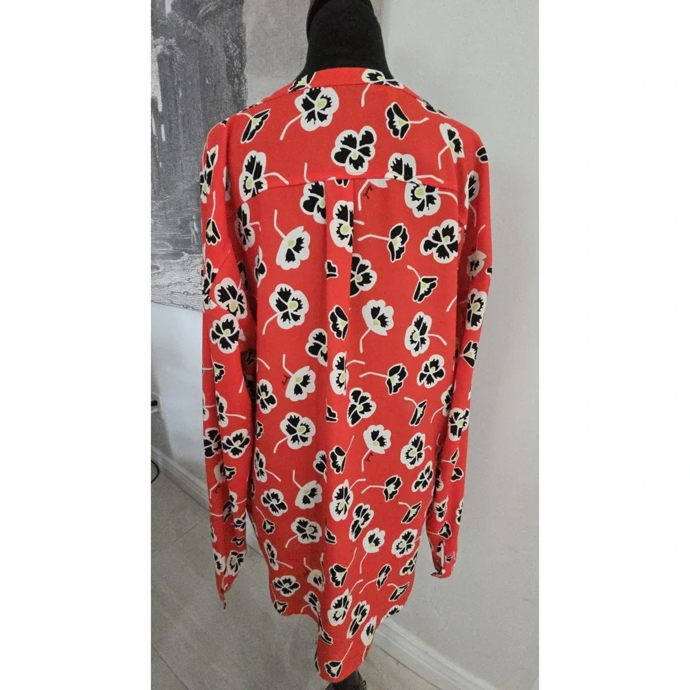 Juicy Couture Reddish Orange Black Floral Top 1/2 Button Pullover Women's SZ‎ L